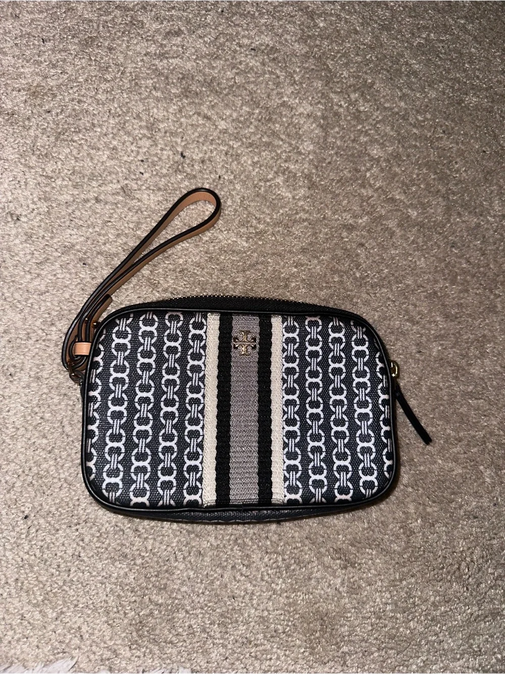 Tory Burch Black and White Patterned Wristlet with Tan Strap